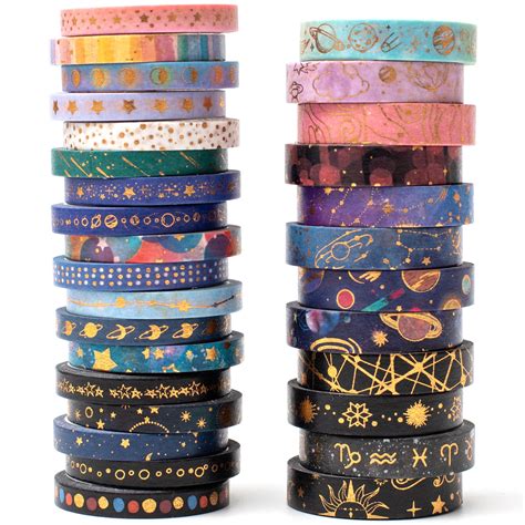 YUBX 30 Rolls Skinny Galaxy Washi Tape Set Gold Foil Starry Space