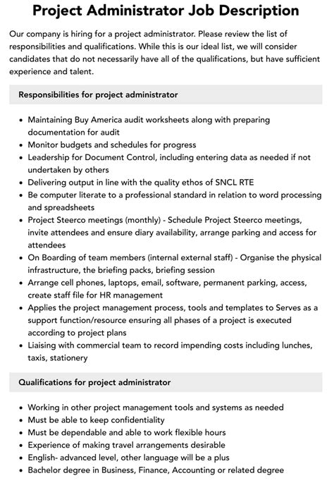 Project Administrator Job Description Velvet Jobs