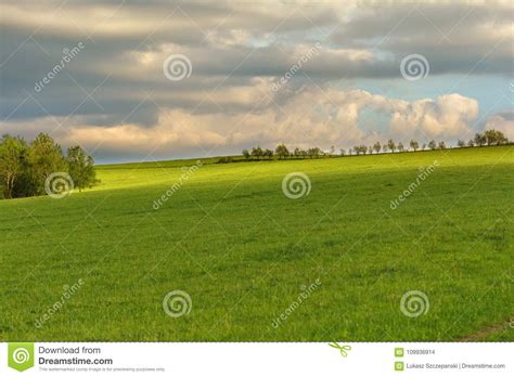 Blue Cloudy Sky Over Green Hills And Distant Trees Stock Photo Image