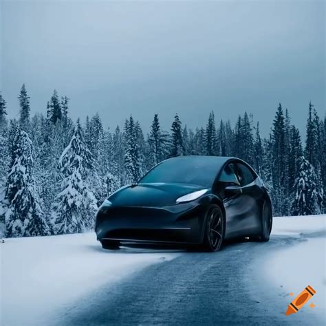 Black Tesla Model Y On Snowy Road In Swedish Forest With Trophy In