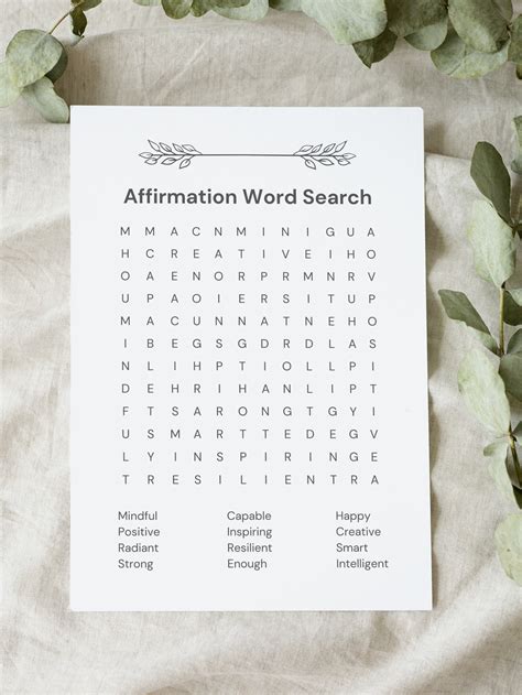 Affirmation Word Search Printable Positive Word Find Game Card Word Search Puzzle Love