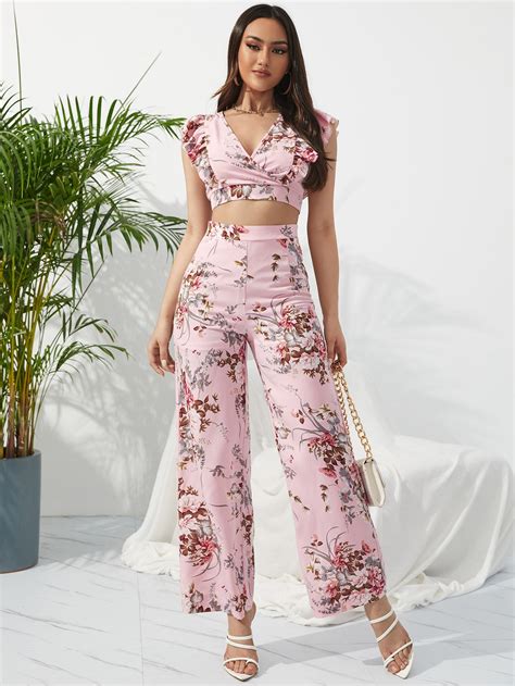 SHEIN VCAY Ropa Dos Piezas Para Mujer Volante Cinta Envolvente Floral