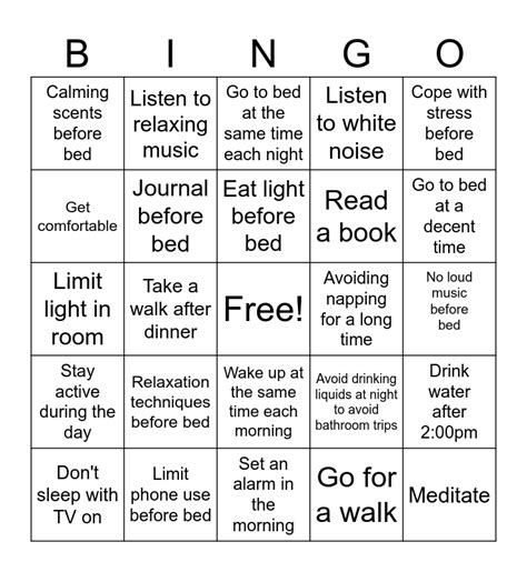 Sleep Habit Bingo Card