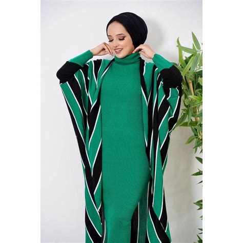 Buy Two Piece Muslim Sets Maxi Dress And Stripe Pattern Cardigan Abaya