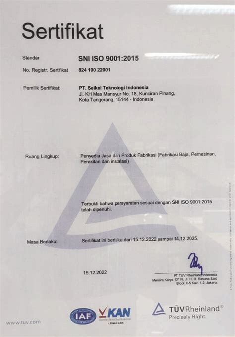 Pt Seikei Memiliki Sertifikat Iso 9001