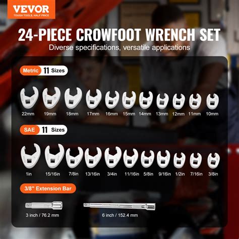 Vevor 38 Drive Crowfoot Wrench Set With 2 Extension Bars 24 Piece