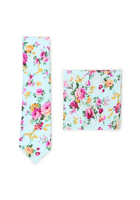 Aqua And Pink Floral Tie Set Summer Floral Tie And Hanky Set In