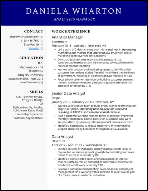 5 Data Analytics Manager Resume Examples For 2025