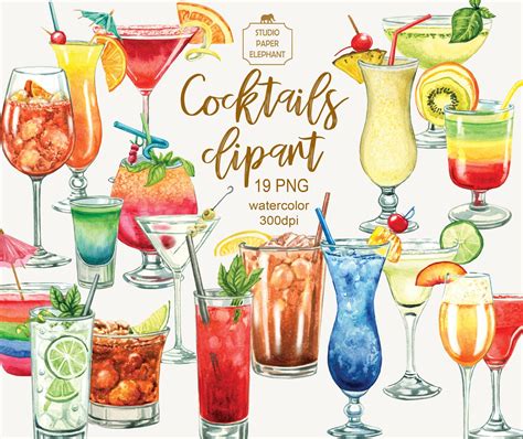 Watercolor Cocktails Clipart Alcoholic Drinks Clipart Bar Etsy Uk