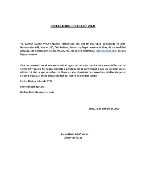 Declaracion Jurada De Viaje Pdf