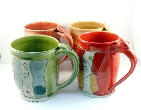 Buy Hand Made Four Coffee Mugs Set Artistic Carved And Glazed Ceramic