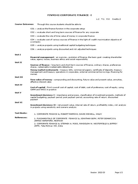 corporate finance syllabus  cost  capital capital budgeting
