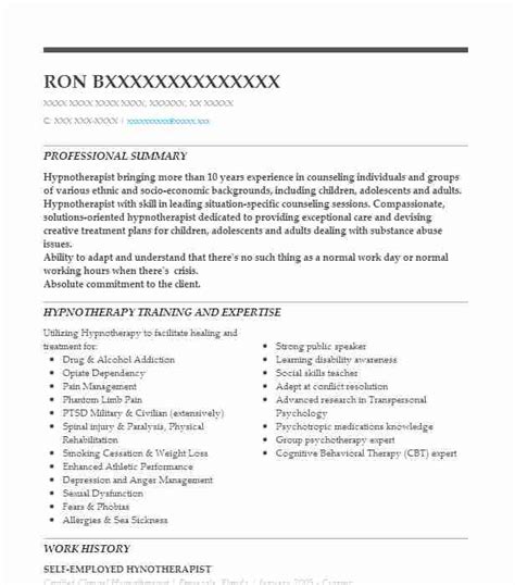 Board Certified Clinical Hypnotherapist Resume Example