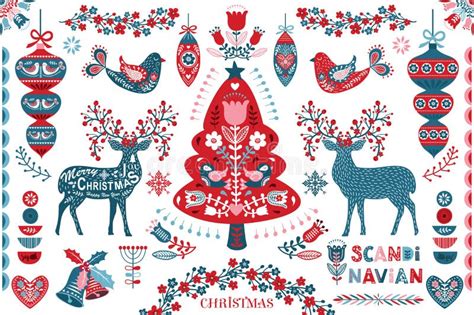 Scandinavian Christmas Folk Art Design Elements Stock Vector