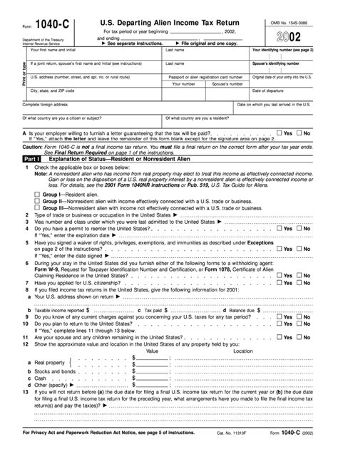 Form C Fill In Version U S Departing Alien Income Tax Return Fill