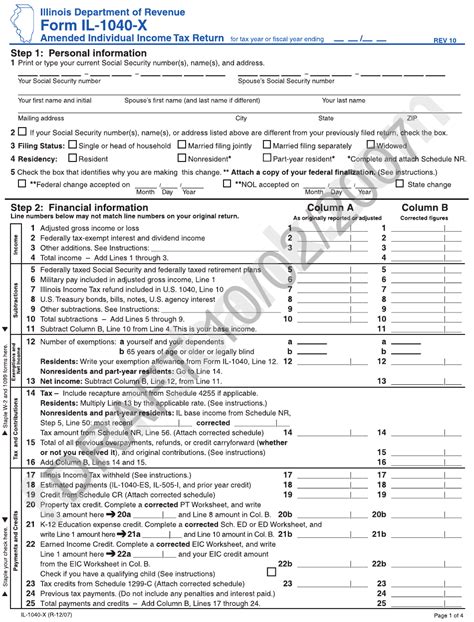 Form Il X Draft Amended Individual Income Tax Return Printable