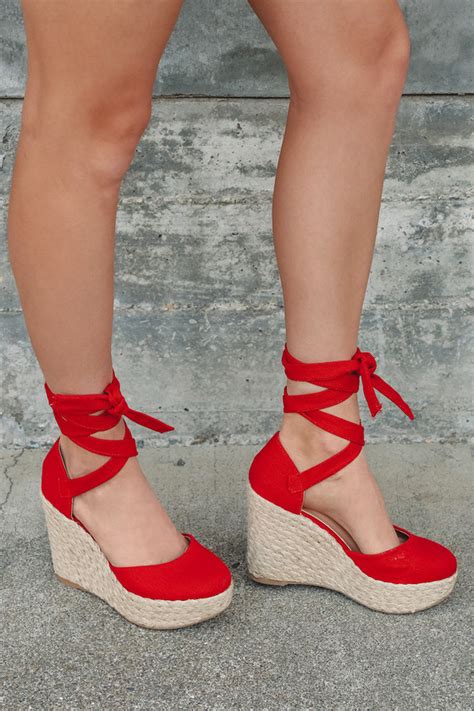 Red Espadrille Wedge Lace Up Wedge Platform Wedge Sandals Lulus