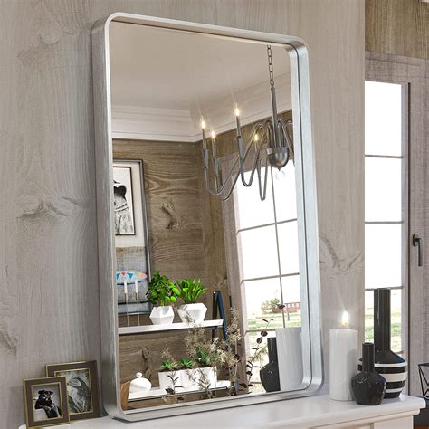 Tetote Silver Bathroom Mirror Metal Framed Wall Mirror Wall Mounted Rectangle Brushed Nickel