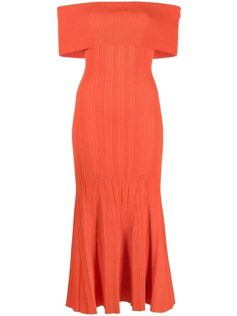 Self Portrait Off The Shoulder Midi Dress In Red Lyst