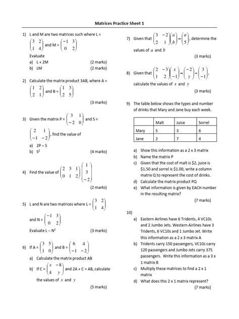 Csec Matrices Worksheet Pdf Matrix Mathematics Mathematical