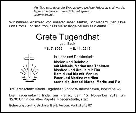 Traueranzeigen Von Grete Tugendhat Nordwest Trauer De