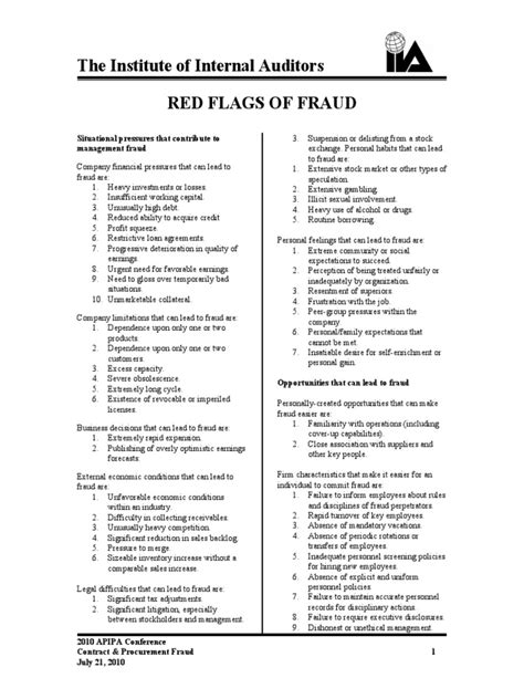 The Institute Of Internal Auditors Red Flags Of Fraud Situational Pressures That Contribute To