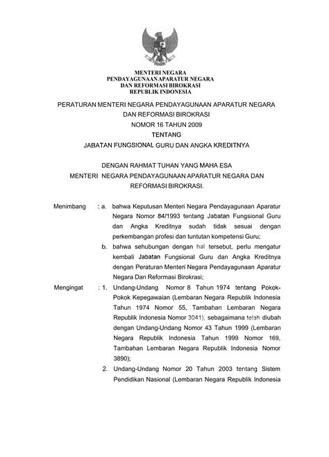 Permen Pan Dan Rb Nomor Tahun Jabatan Fungsional Guru Dan