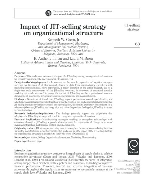 Fillable Online Impact Of JIT Selling Strategy On Organizational