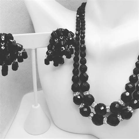 Vintage Black Beaded Necklace And Earring Set Black Bead Necklace