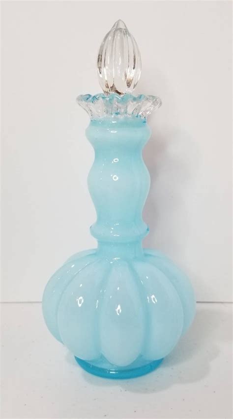 Fenton Blue Overlay Melon 3 Piece Vanity Set Perfume Bottle Etsy