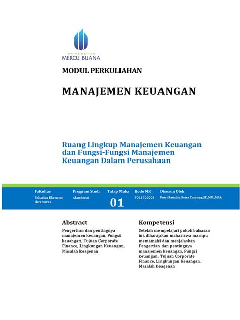 Mk 1 Ruang Lingkup Fungsi Manajemen Keuangan Dalam Perusahaan Pdf