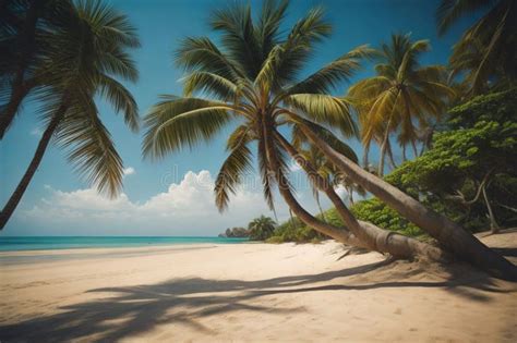 Beautiful Tropical Beach With Coconut Palm Tree Ai Generative Stock