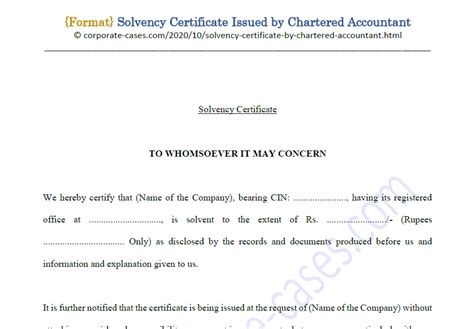 Solvency Certificate Format By Chartered Accountant Ca And Bank