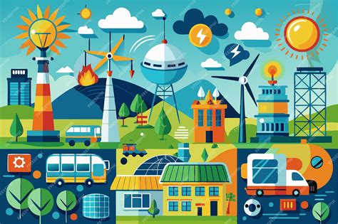 Fontes De Energia Artificiais - Ilustração vibrante de fontes de energia eólica, solar e hidrelétrica ...