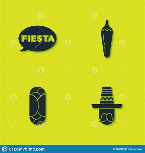 Set Fiesta Mexican Man Sombrero Burrito And Hot Chili Pepper Pod Icon Vector Stock Vector