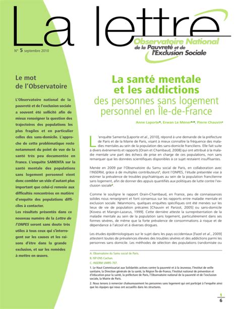 La Sant Mentale Et Les Addictions Des Personnes Sans Logement