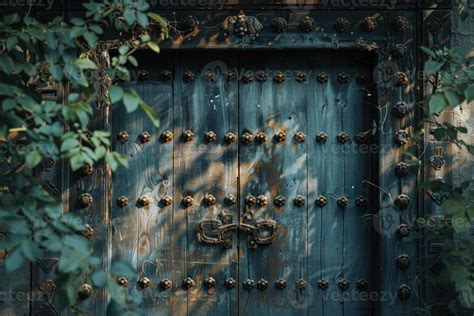 Antique Wooden Door With Iron Studs And Lush Greenery 47326909 Stock