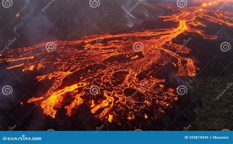 Close Up Look On Volcano Eruption Active Volcanic Crater Aerial Dramatic View On Volcano In