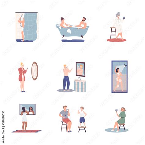 Set Of 8 Flat Cartoon Vector Charakters In Bathroom And Shower