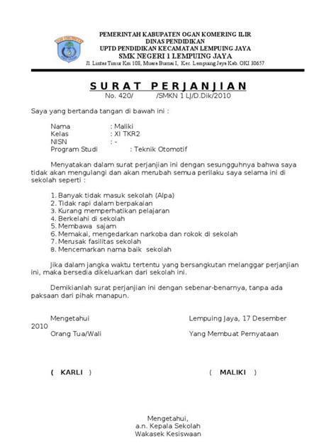 Contoh Surat Perjanjian Yang Baik Dan Benar