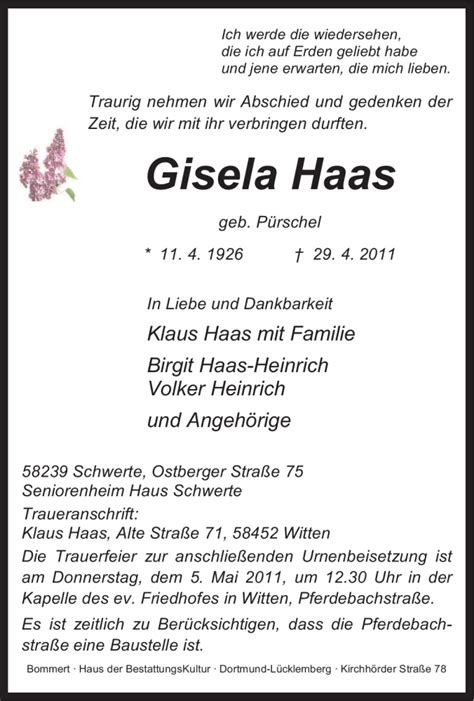 Traueranzeigen Von Gisela Haas Trauer In Nrw De