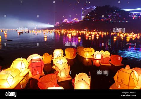 Lanterns Float Along The Zijiang River After Released By Local