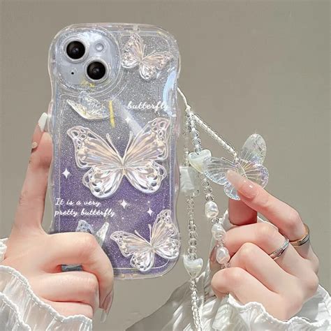 Funda De Tel Fono Suave Transparente Con Purpurina De Mariposa De Lujo