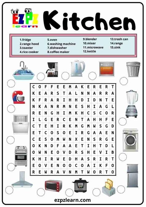 Free Printable English Game Word Search Topic Kitchen Worksheet For