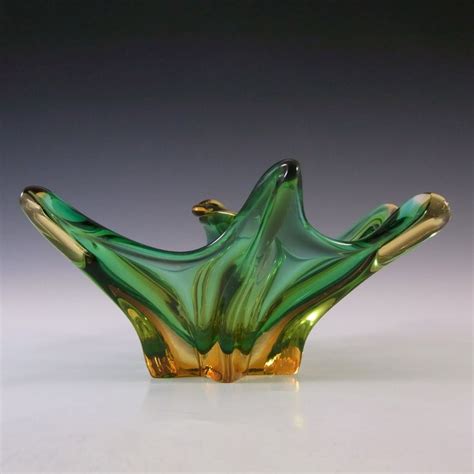 Cristallo Venezia Murano Green And Amber Sommerso Glass Sculpture Bowl