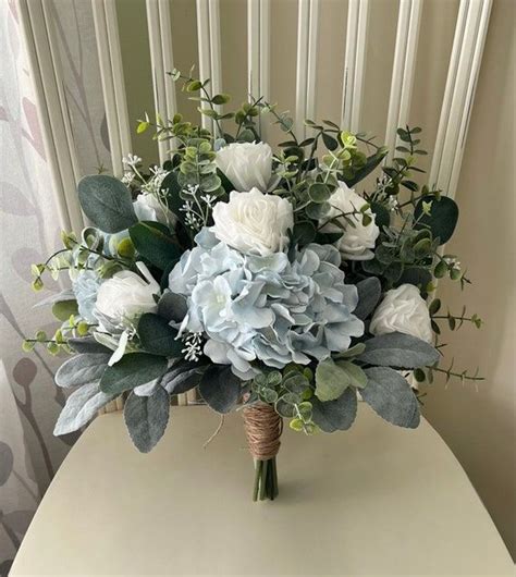 Boho Wedding Bouquet Dusty Blue Hydrangea Premium White Roses