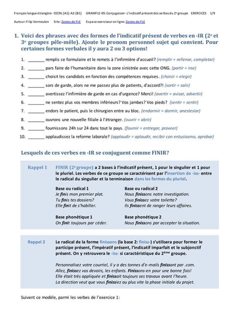 Lindicatif Présent Des Verbes Du 2e Groupe · Exercices Pdf