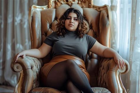 Chubby Latina Woman Wearing Black Stocking And Brown Leather Skirt Sitting In A Luxury Chair