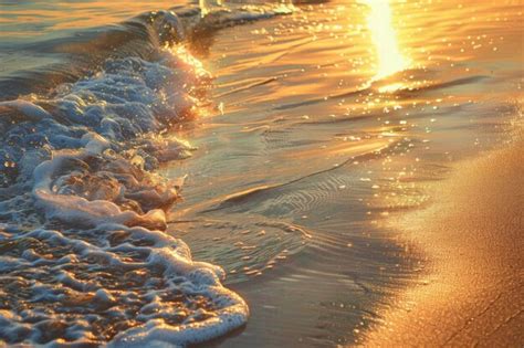 Golden Waves Gently Lapping On Sandy Beach At Sunset Premium Ai