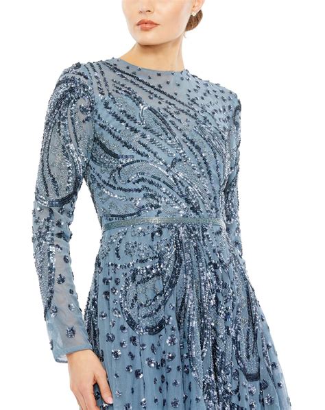 Slate Blue Mac Duggal 5572 Embellished Illusion High Neck Long Sleeve